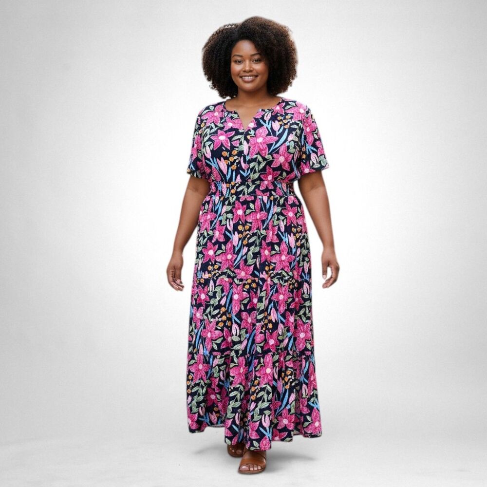 Polagram Black Maxi Dress with Pink Floral Print
